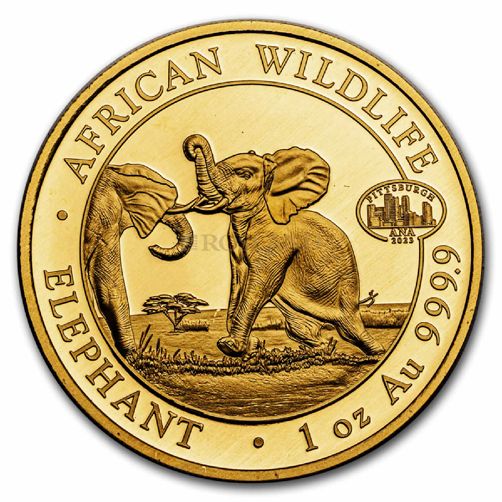 1 Unze Goldmünze Somalia Elefant 2023 Privy ANA Pittsburgh PP (Box,Zertifikat)