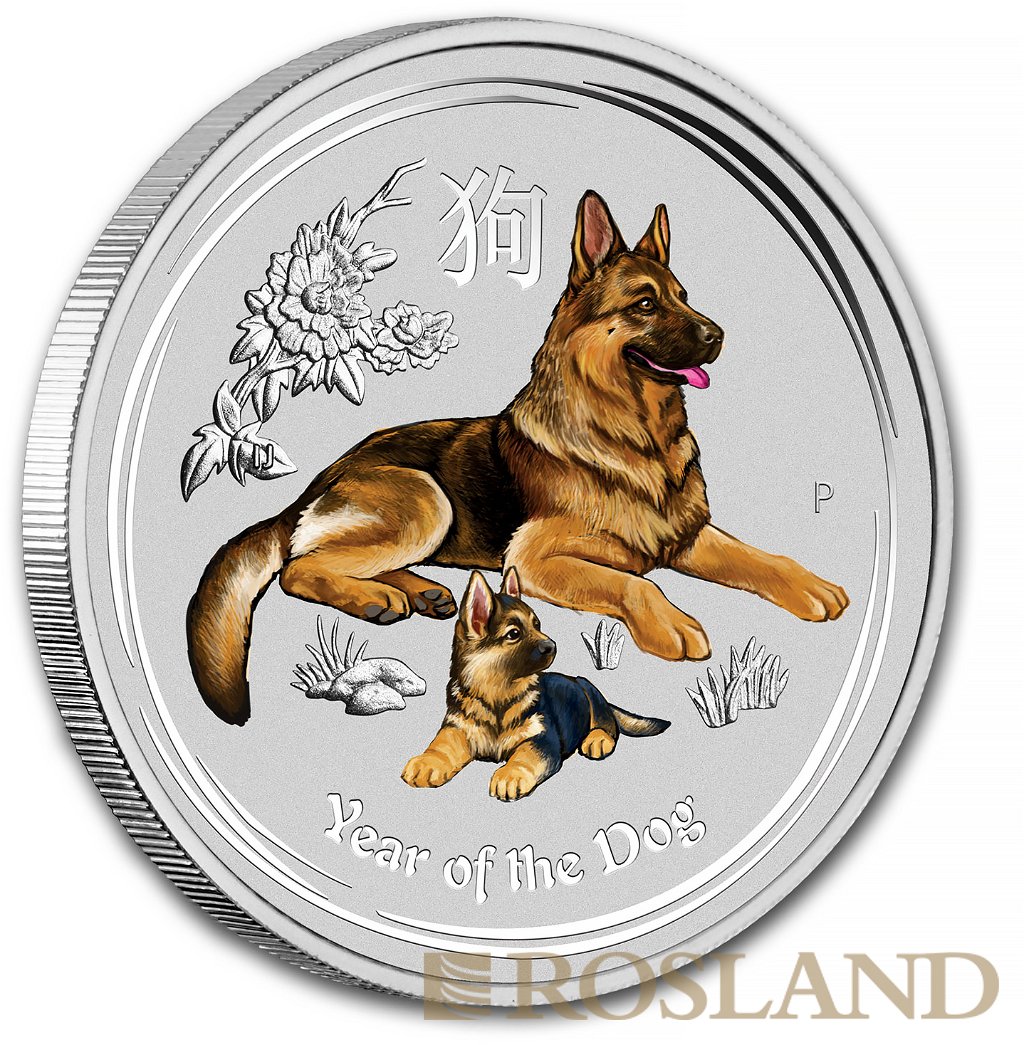 1 Unze Silbermünze Lunar 2 Hund 2018 (Koloriert)