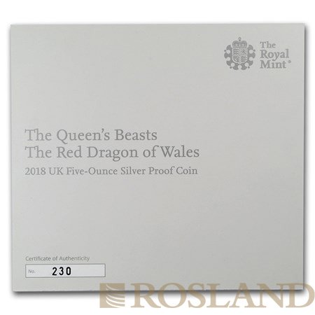 5 Unzen Silbermünze Queens Beasts Red Dragon 2018 PP (Box, Zertifikat)
