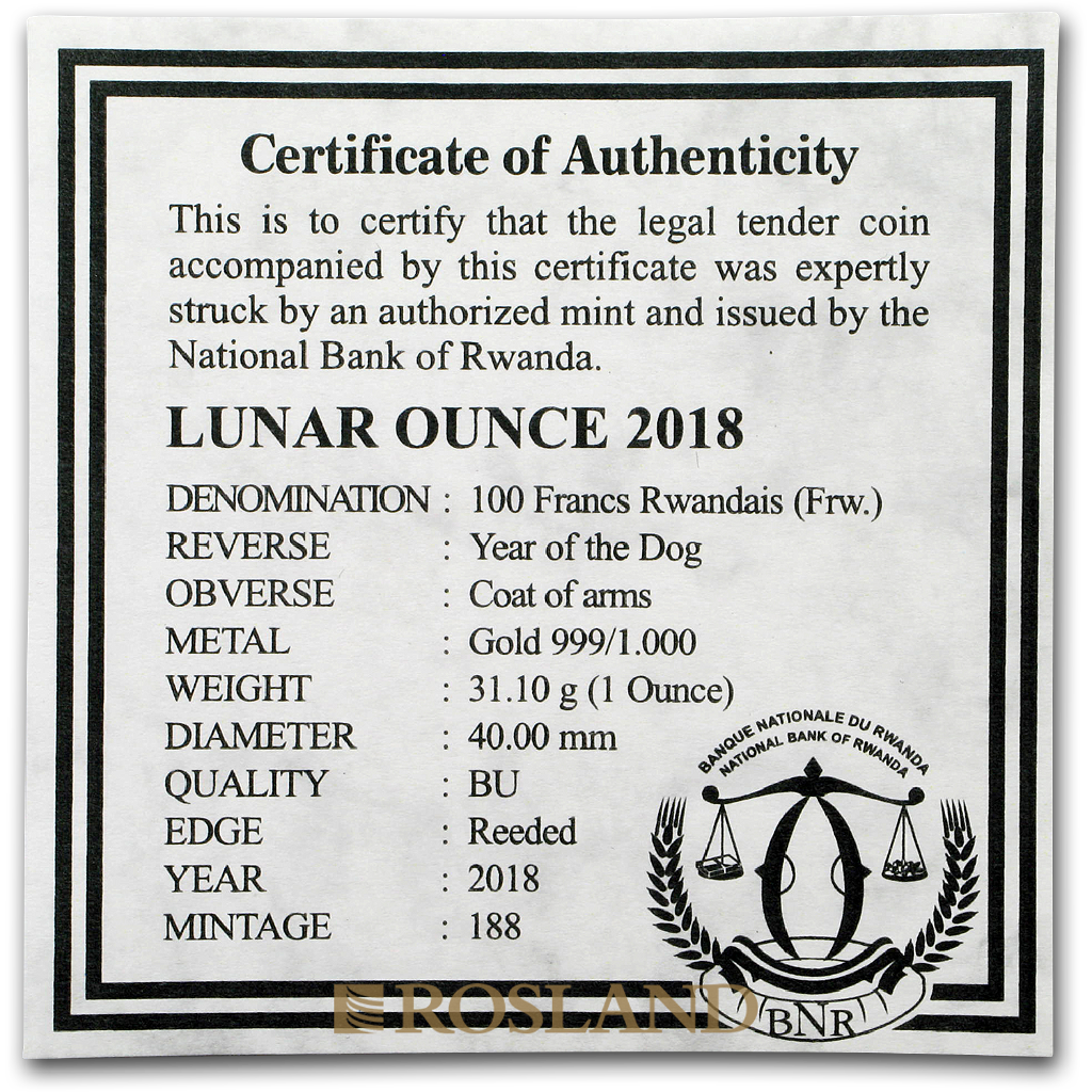 1 Unze Goldmünze Ruanda Lunar Hund 2018 (Box, Zertifikat)