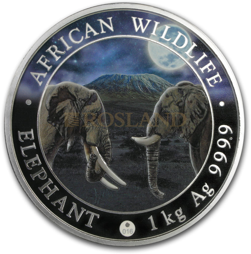 1 Kilogramm Silbermünze Somalia Elefant 2020 Riesenmond PL (Koloriert, Box, Zertifikat)