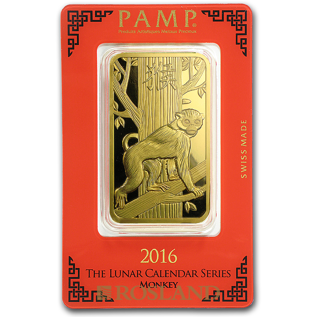100 Gramm Goldbarren PAMP Lunar Jahr der Affen 2016