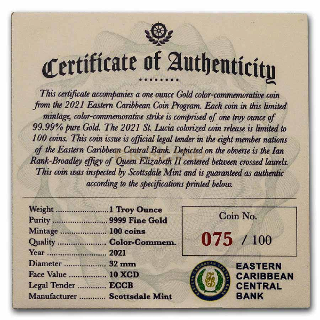 1 Unze Goldmünze EC8 St. Lucia Botanical Gardens 2021 PP (Koloriert, Box, Zertifikat)