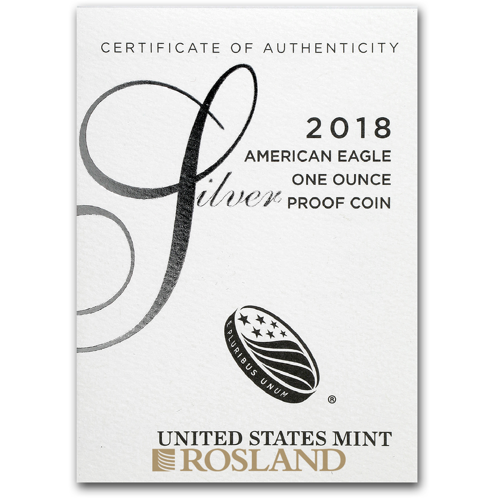 1 Unze Silbermünze American Eagle 2018 (S) PP (Box, Zertifikat)
