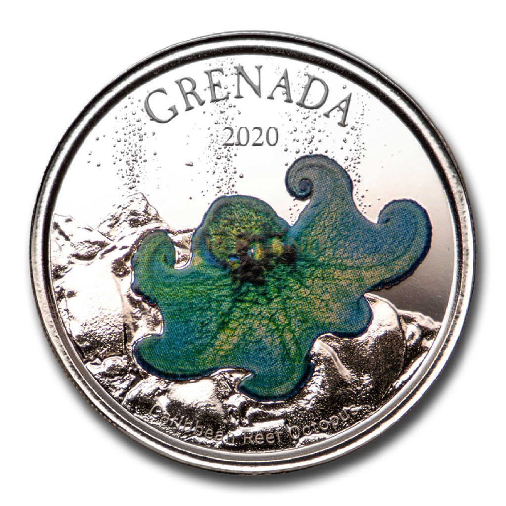 1 Unze Silbermünze EC8 Grenada Oktopus 2020 PP (Koloriert, Box)