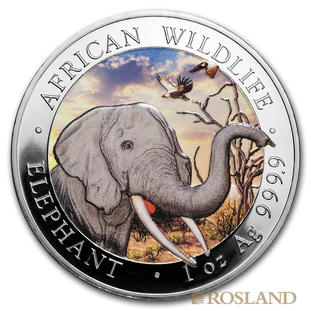 1 Unze Silbermünze Somalia Elefant 2018 (koloriert)