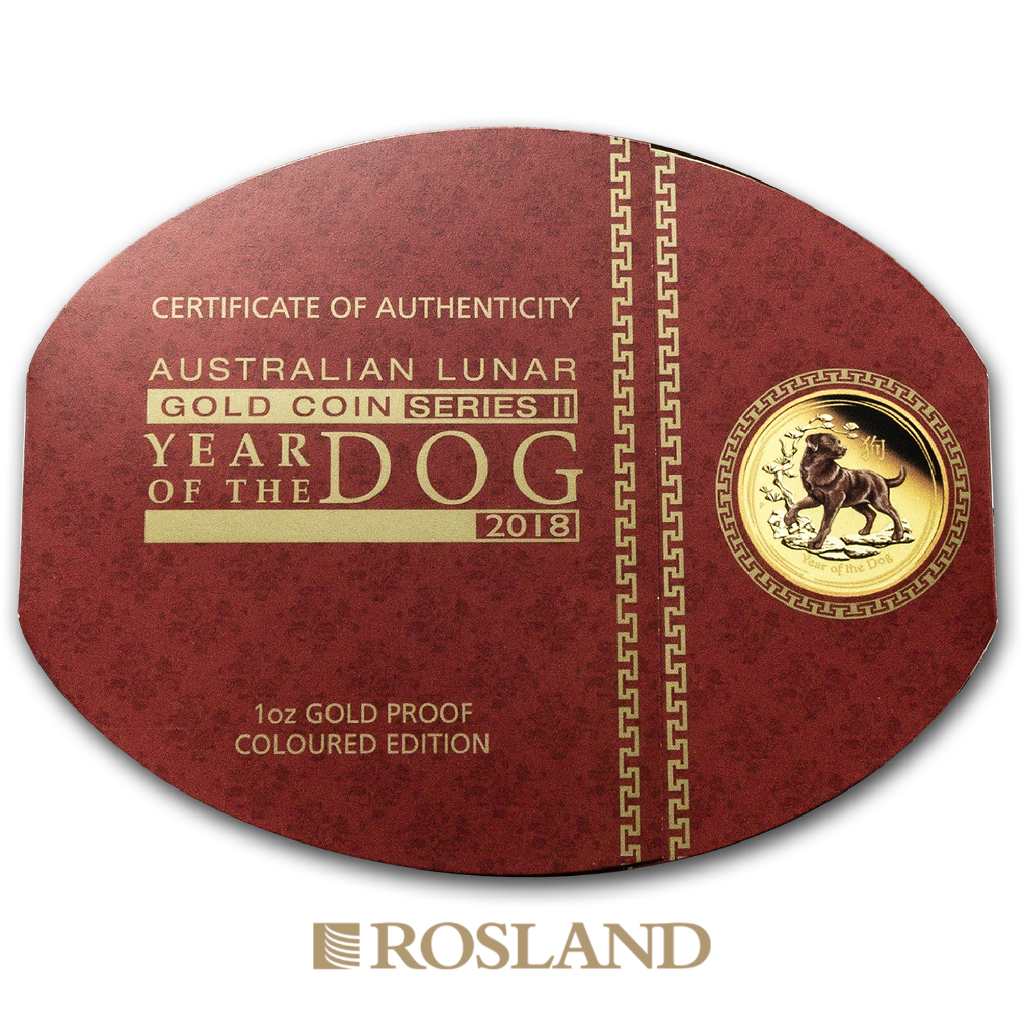 1 Unze Goldmünze Lunar 2 Hund 2018 PP (Koloriert, Box, Zertifikat)