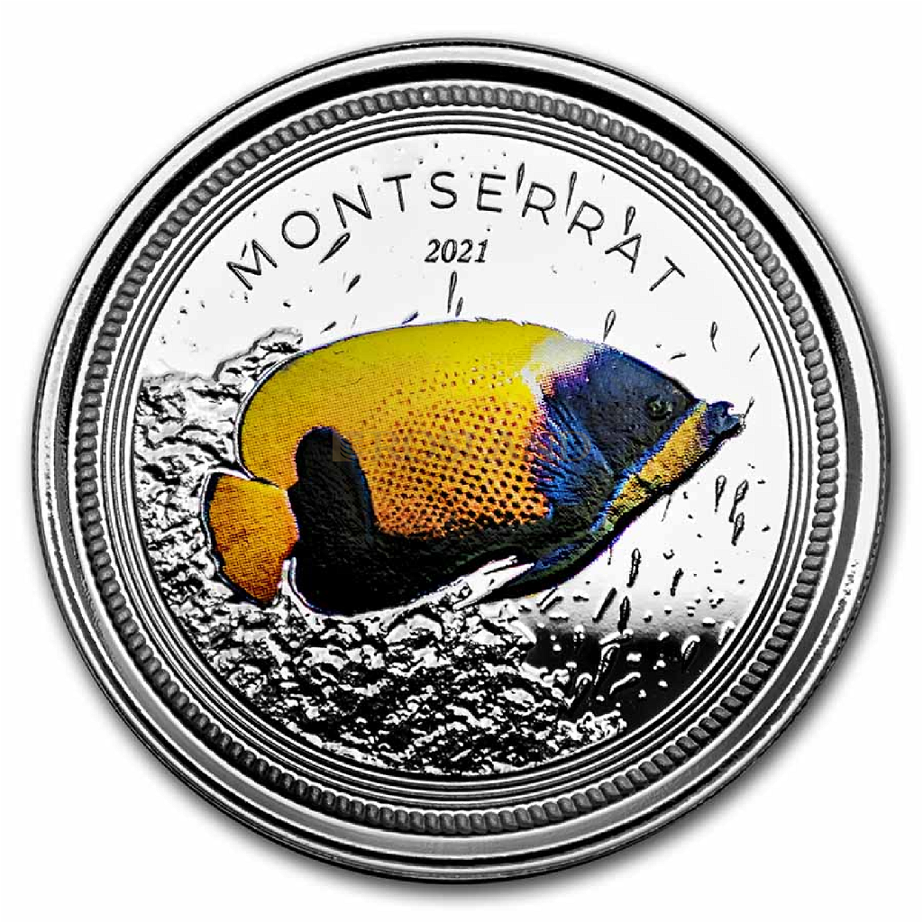 1 Unze Silbermünze EC8 Montserrat Blue Girdled Angelfish 2021 PP (Koloriert, Box)