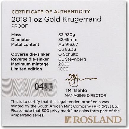 1 Unze Goldmünze Krügerrand 2018 PP (Box, Zertifikat)