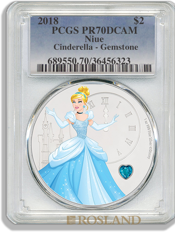 1 Unze Silbermünze Disney© Prinzessin Cinderella 2018 PP PCGS PR-70 (DCAM, Edelstein, Koloriert)