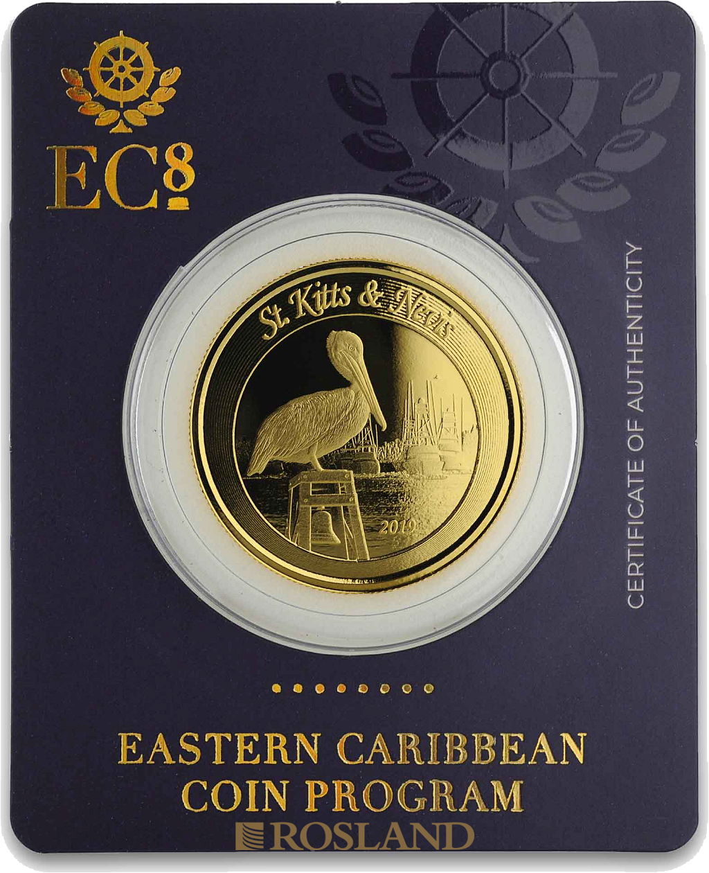 1 Unze Goldmünze EC8 St. Kitts & Nevis Pelikan 2019 (Blister, Zertifikat)