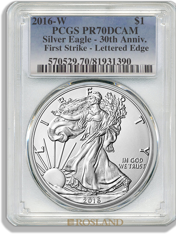 1 Unze Silbermünze American Eagle 2016 (W) 30 Jahre Jubiläum PP PCGS PR-70 (FS, DCAM)