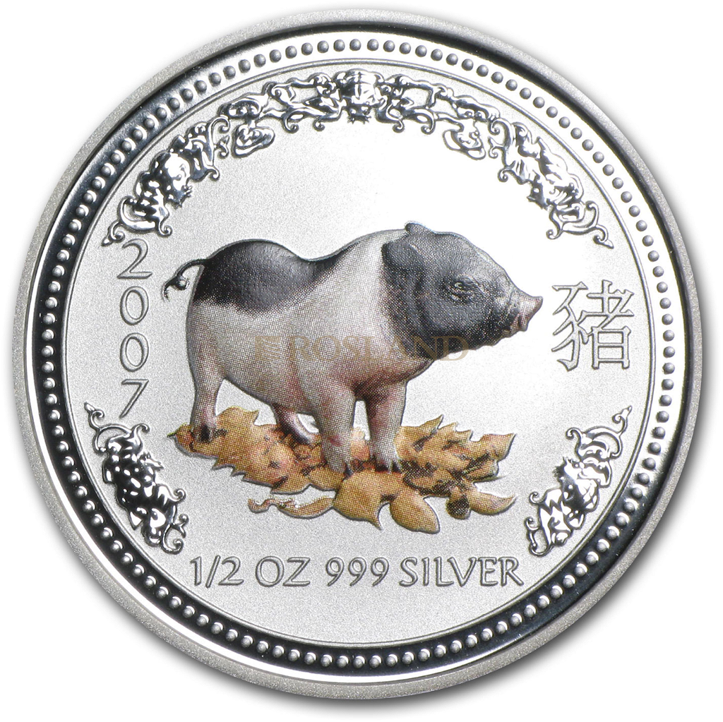 1/2 Unze Silbermünze Lunar 1 Schwein 2007 (Koloriert)