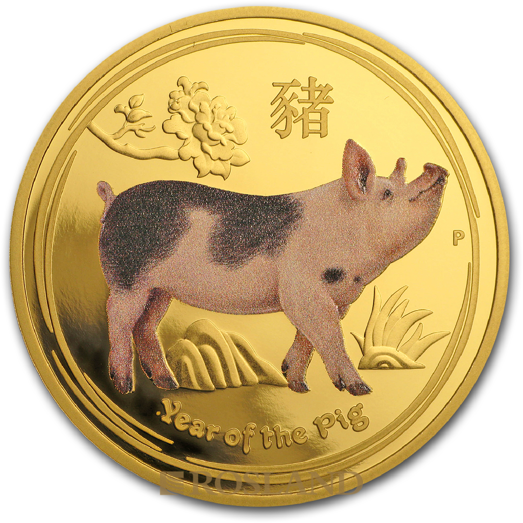 1 Unze Goldmünze Lunar 2 Schwein 2019 PP (Koloriert, Box, Zertifikat)