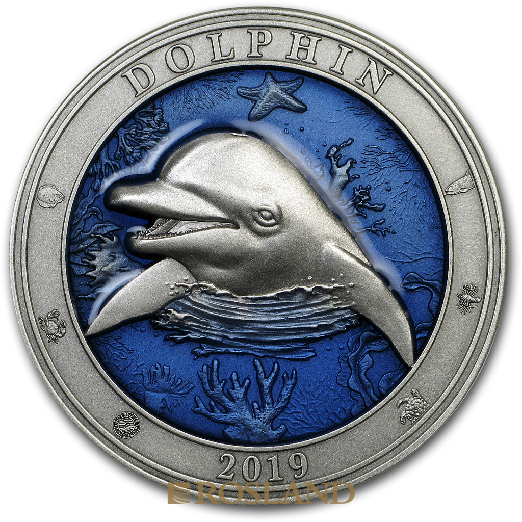 3 Unzen Silbermünze Antique Underwater World Delfin 2019 (Box, Zertifikat)