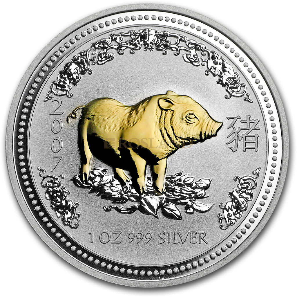 1 Unze Silbermünze Lunar 1 Schwein 2007 (Vergoldet, Zertifikat)