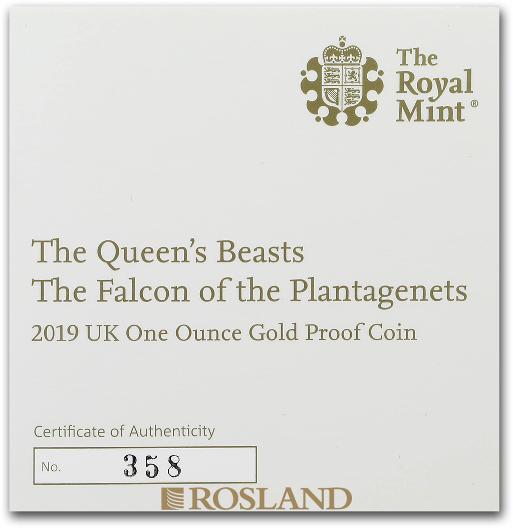 1 Unze Goldmünze Queens Beasts Falcon 2019 PP (Box, Zertifikat)