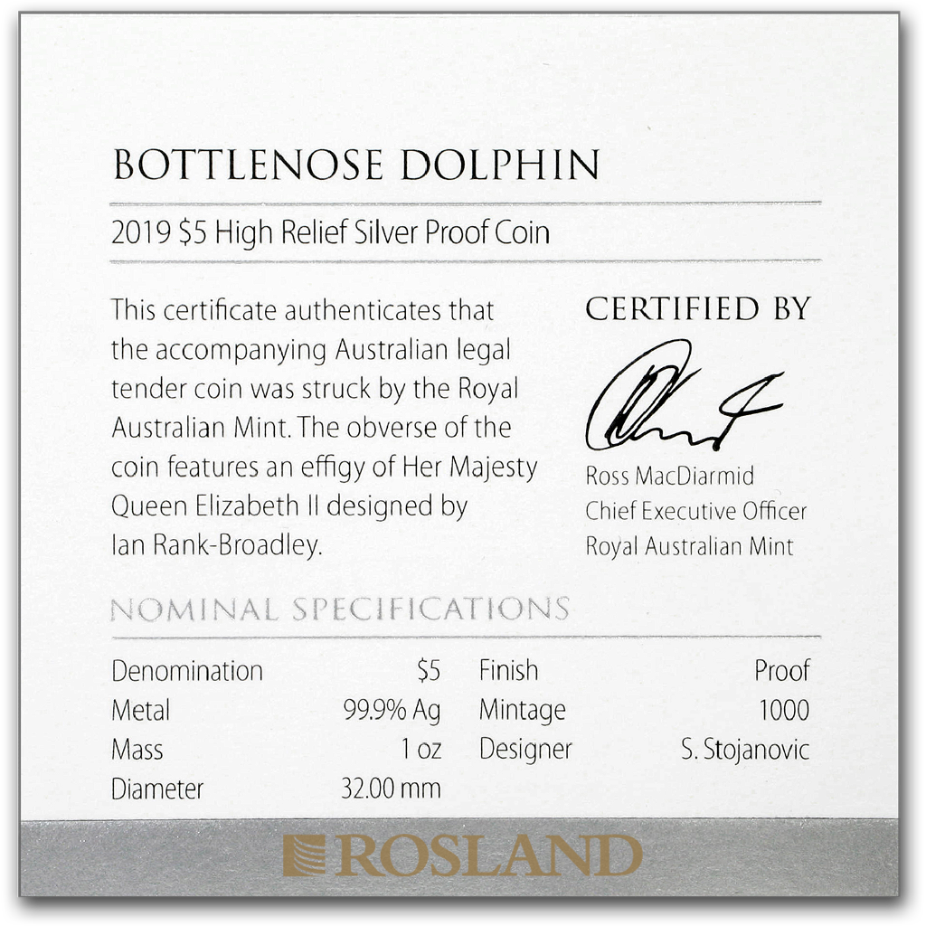 1 Unze Silbermünze Bottlenose Dolphin 2019 PP (HR, Box, Zertifikat)