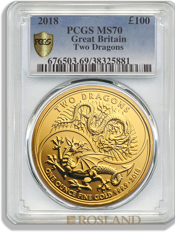 1 Unze Goldmünze Great Britain Two Dragons 2018 PCGS MS-69 (Shield)