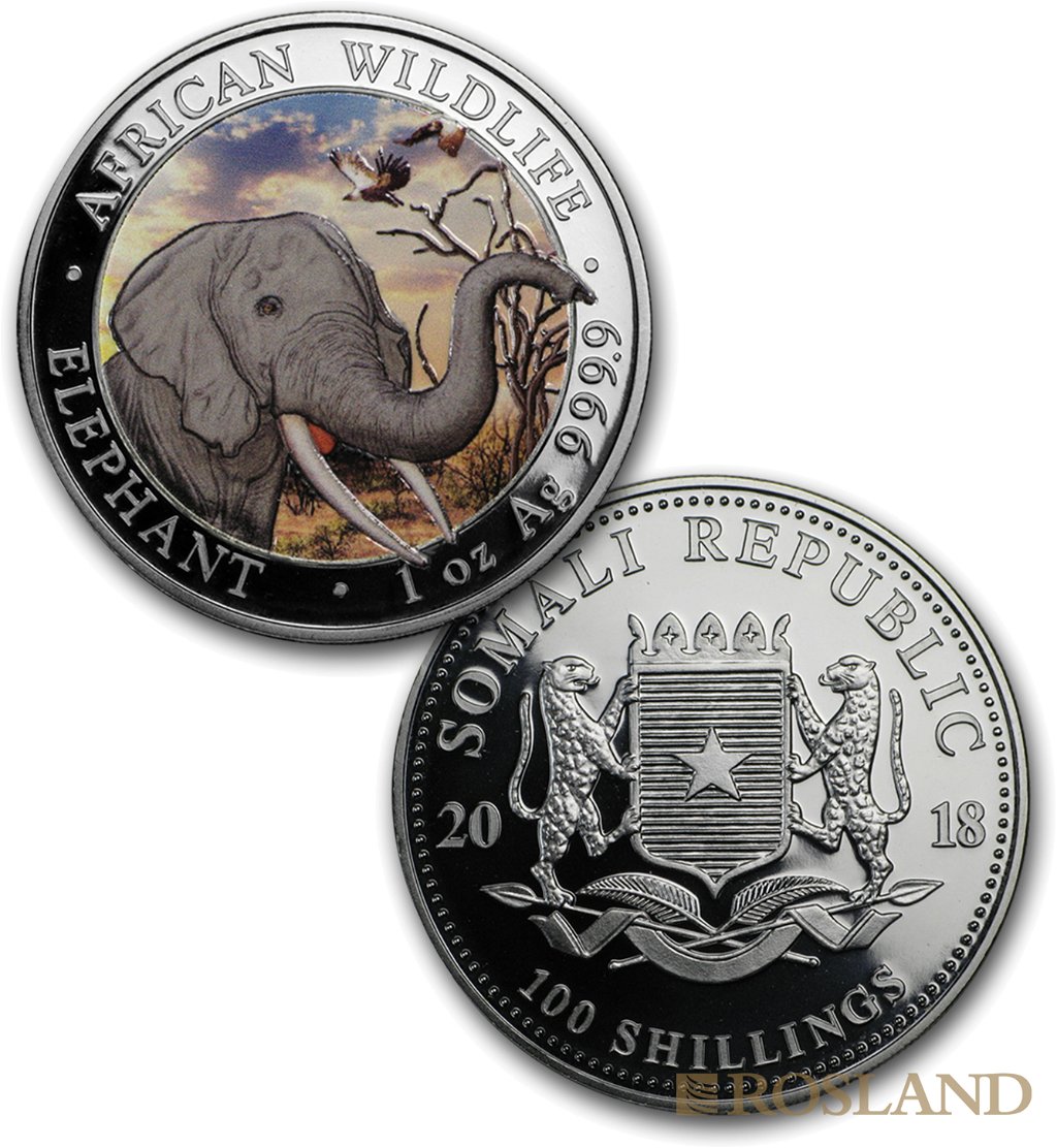 2 Silbermünzen Set Somalia Elefant Tag und Nacht 2018 (Box, Zertifikat, Koloriert)