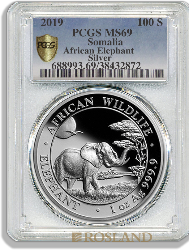 1 Unze Silbermünze Somalia Elefant 2019 PP PCGS MS-69 (HR, Shield)