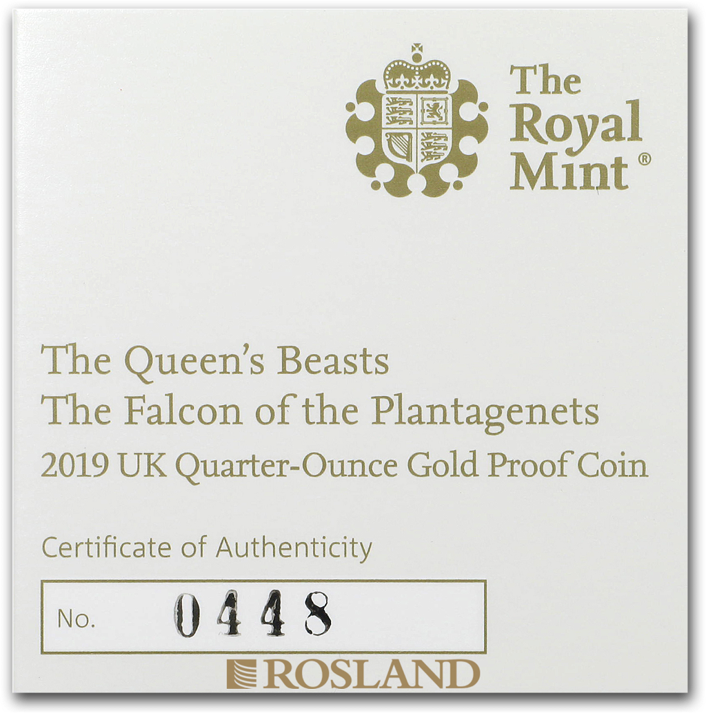 1/4 Unze Goldmünze Queens Beasts Falke 2019 PP (Box, Zertifikat)