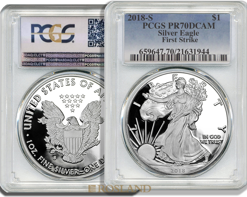 1 Unze Silbermünze American Eagle 2018 (S) PP PCGS PR-70 (FS, DCAM)