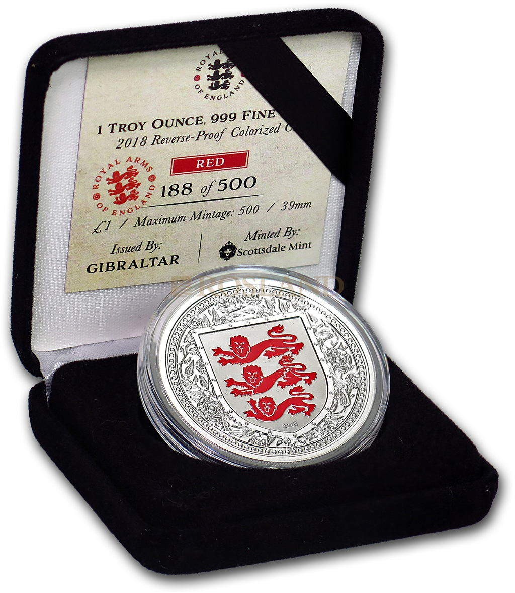 1 Unze Silbermünze Royal Arms of England 2018 PP (Rot, Box, Zertifikat)