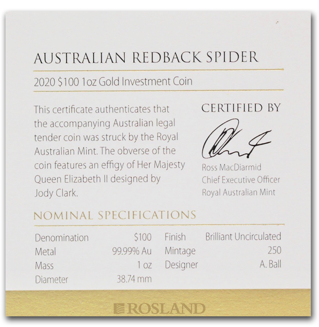 1 Unze Goldmünze RAM Redback Spider 2020 (Box, Zertifikat)