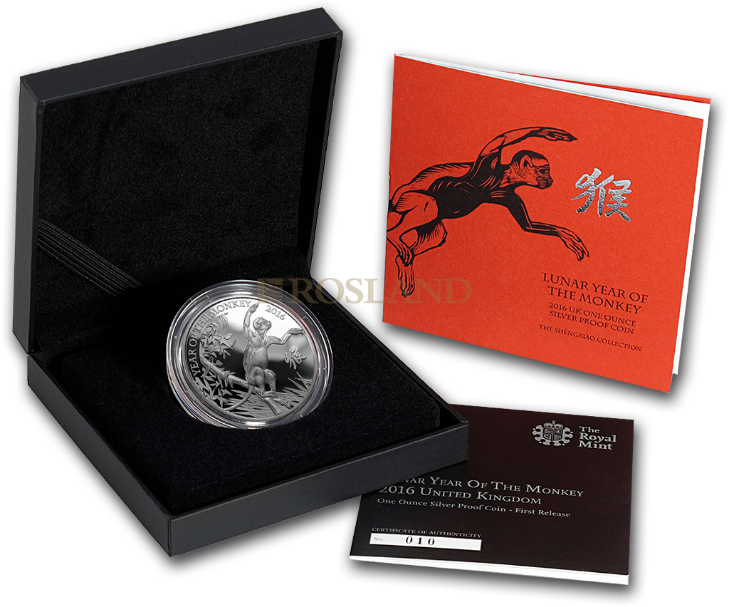 1 Unze Silbermünze Great Britain Jahr des Affens 2016 PP (Box, Zertifikat)
