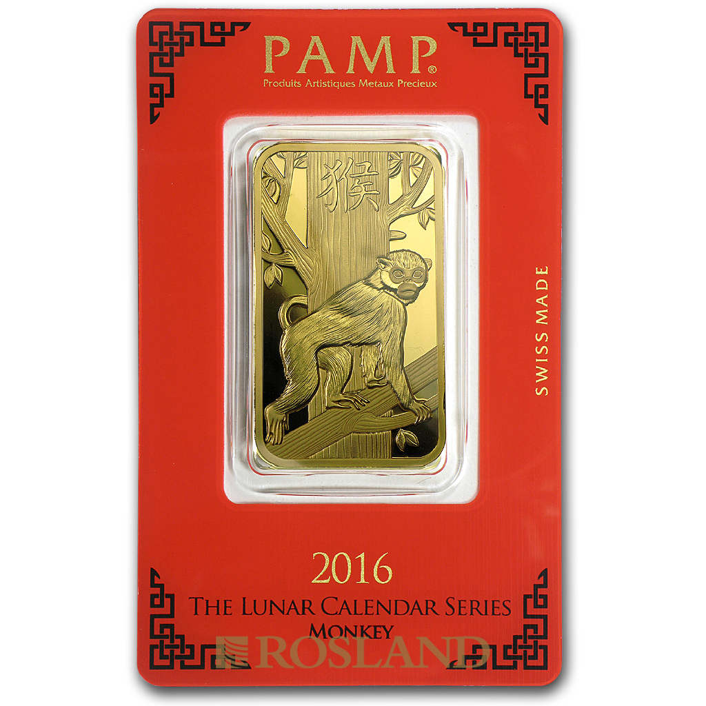 1 Unze Goldbarren PAMP Lunar Jahr der Affen 2016
