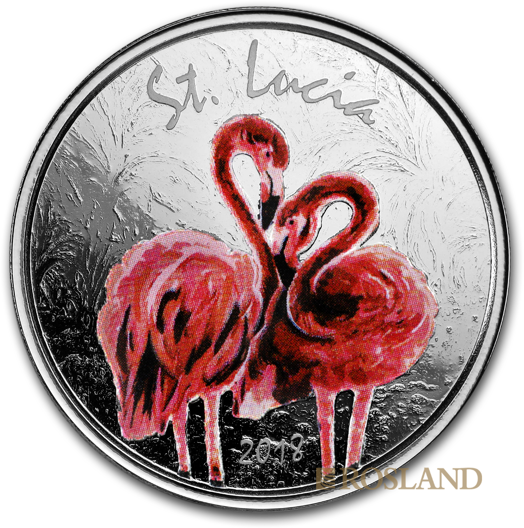 1 Unze Silbermünze EC8 St. Lucia Pink Flamingo 2018 PP (Koloriert, Box, Zertifikat)