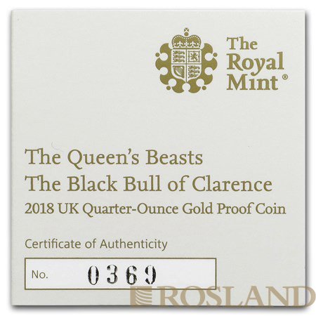 1/4 Unze Goldmünze Queens Beasts Black Bull 2018 PP (Box, Zertifikat)