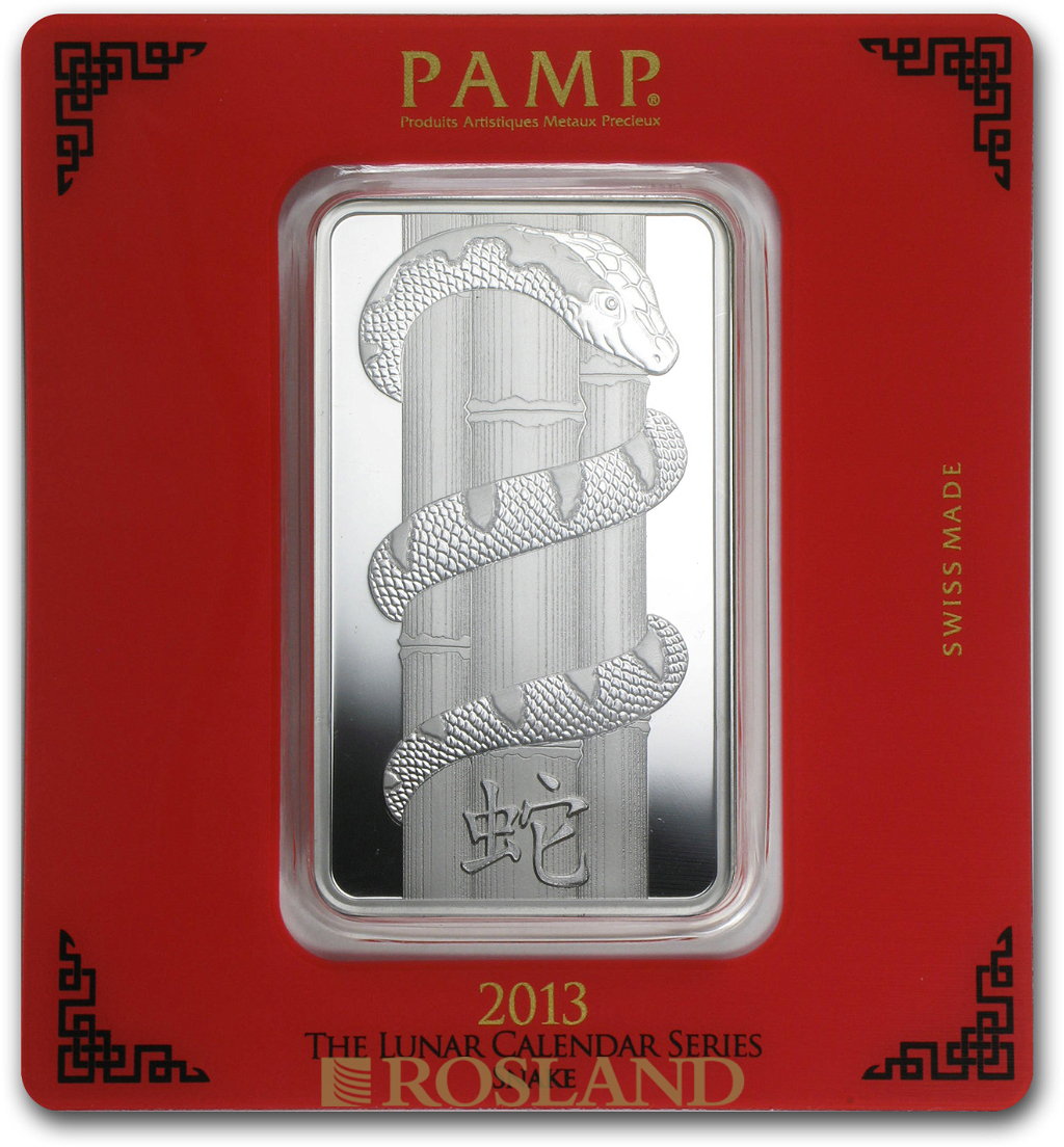 100 Gramm Silberbarren PAMP Lunar Jahr der Schlange 2013