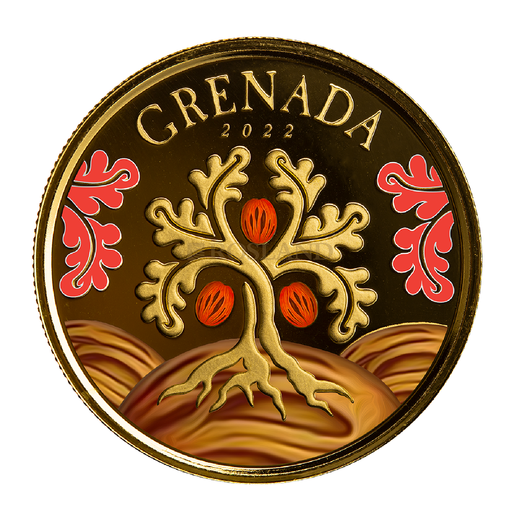 1 Unze Goldmünze EC8 Grenada Nutmeg Tree 2022 PP (Koloriert, Box, Zertifikat)