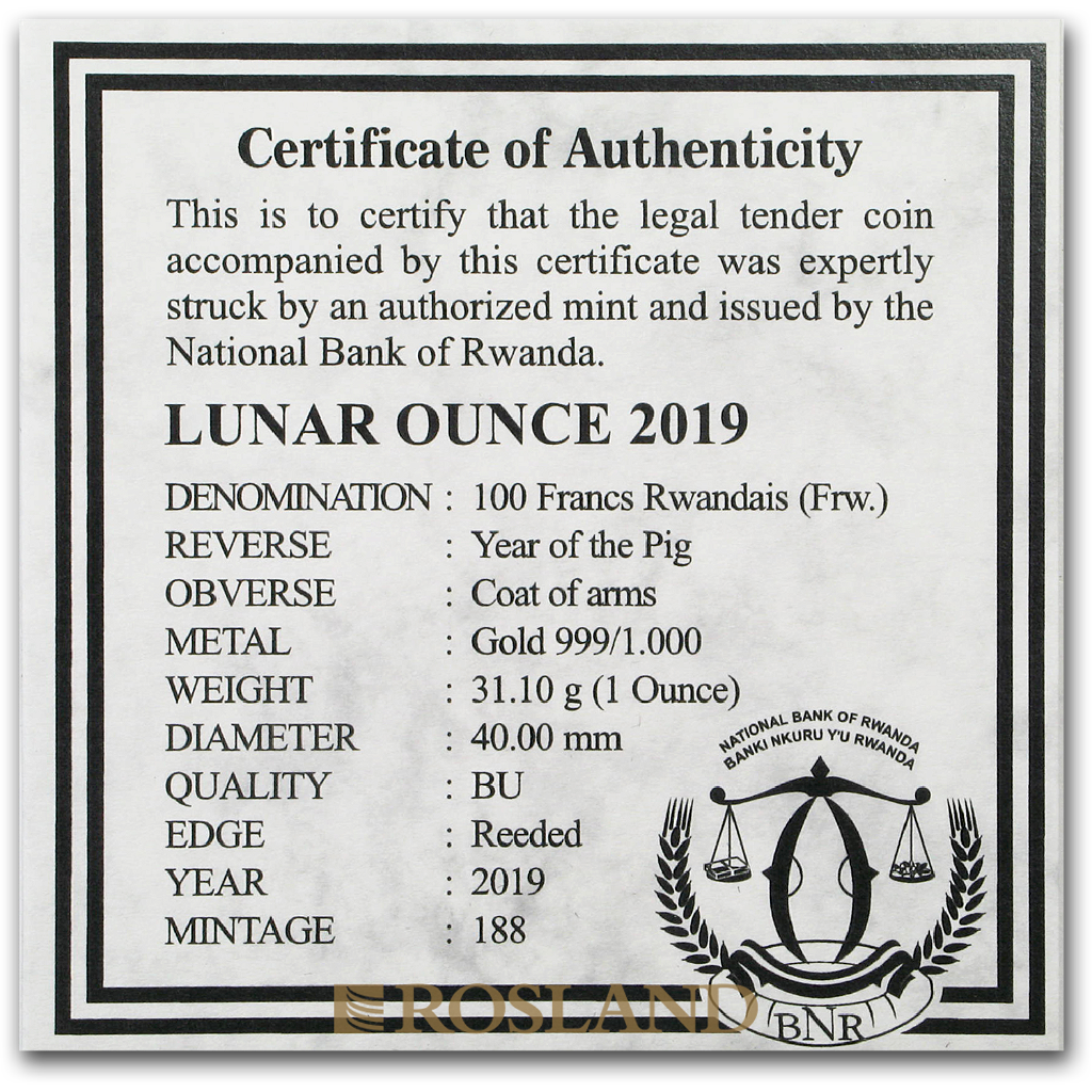 1 Unze Goldmünze Ruanda Lunar Schwein 2019 (Box, Zertifikat)