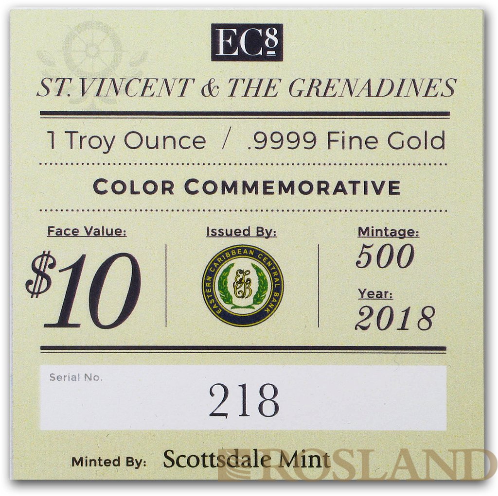 1 Unze Goldmünze EC8 St. Vincent & The Grenadines 2018 PP (Koloriert, Box, Zertifikat)