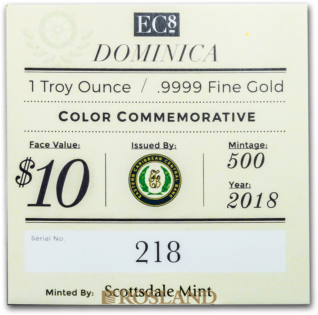 1 Unze Goldmünze EC8 Dominica Nature Isle 2018 PP (Koloriert, Box, Zertifikat)