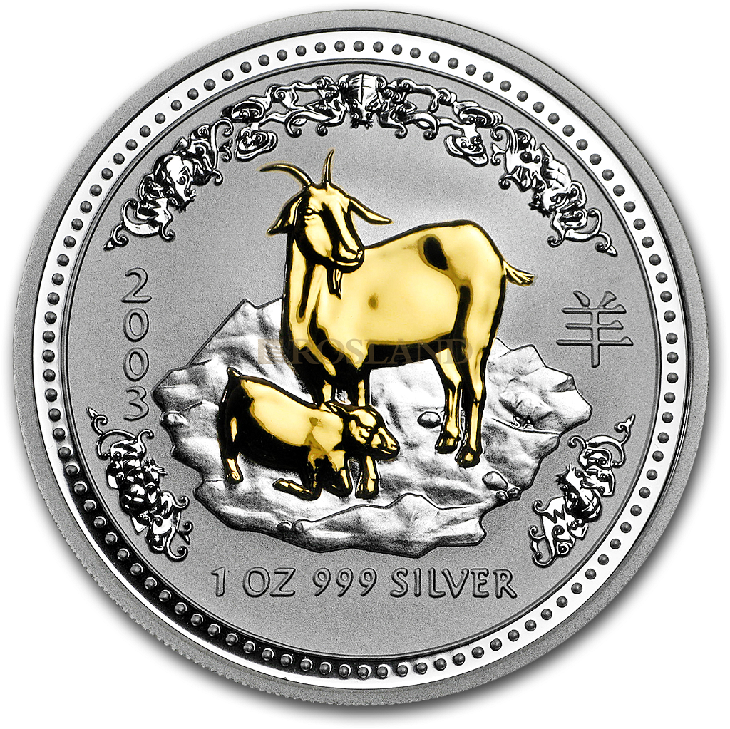 1 Unze Silbermünze Lunar 1 Ziege 2003 (Vergoldet, Zertifikat)