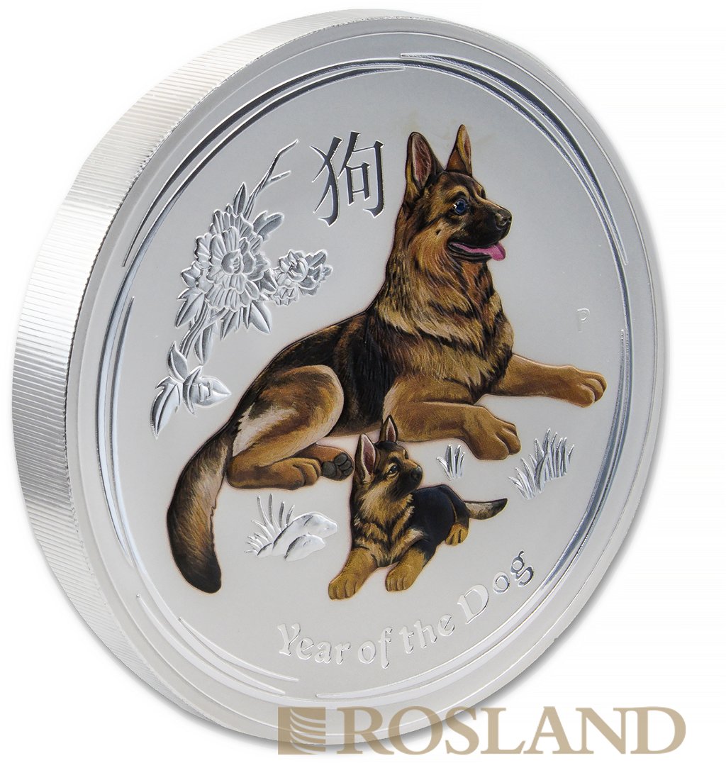 1 Kilogramm Silbermünze Lunar 2 Hund 2018 (Box, Zertifikat, Koloriert, Edelstein)