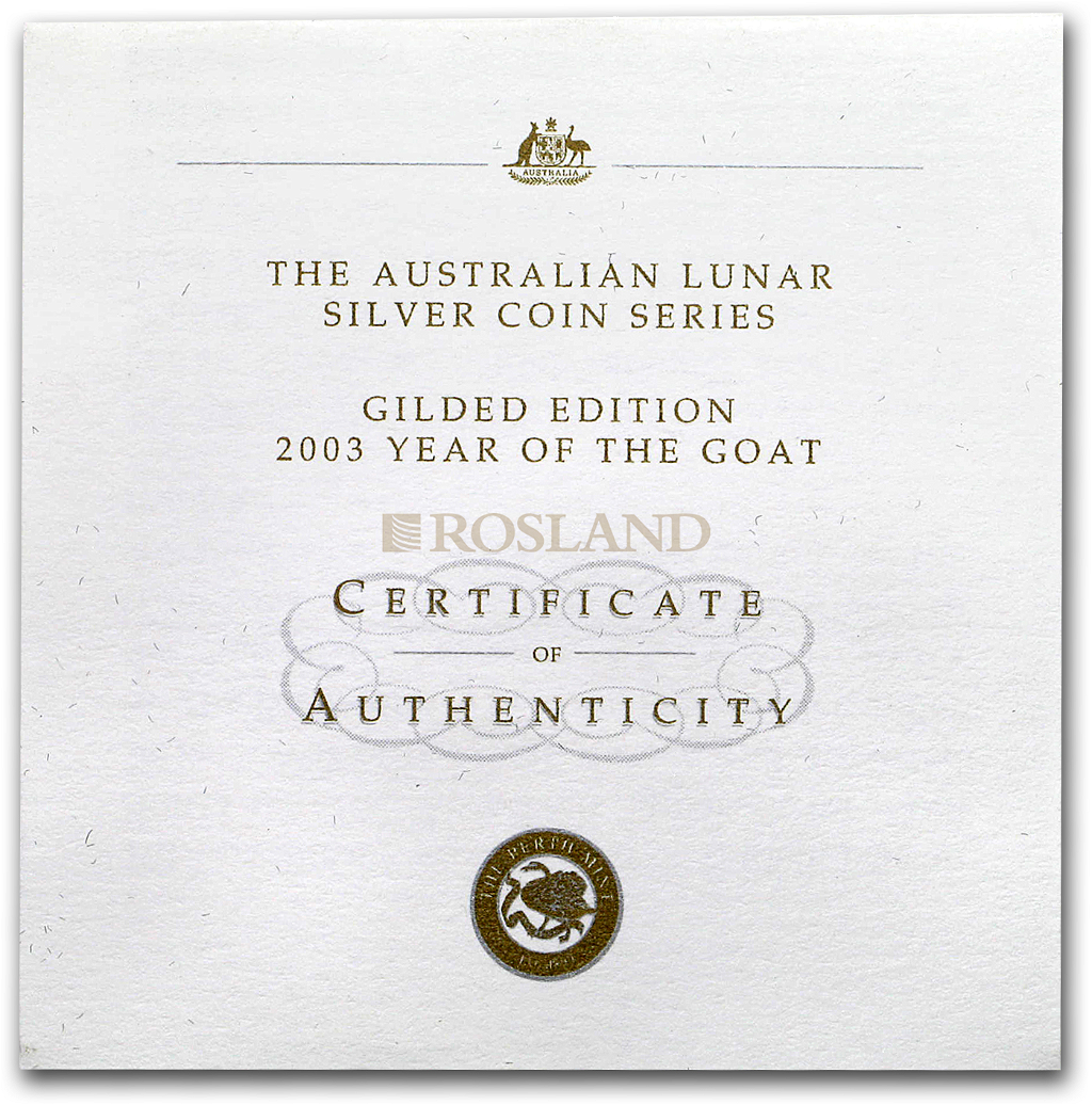1 Unze Silbermünze Lunar 1 Ziege 2003 (Vergoldet, Zertifikat)