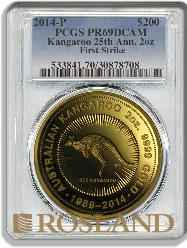 2 Unzen Goldmünze Australien Känguru 25 Jahre Jubiläum 2014 PP PCGS PR-70 (FS, DCAM)