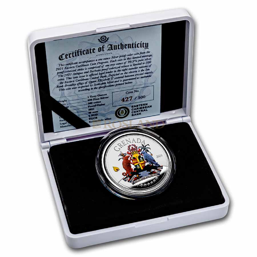 1 Unze Silbermünze EC8 Grenada Coat of Arms 2021 PP (Koloriert, Box)