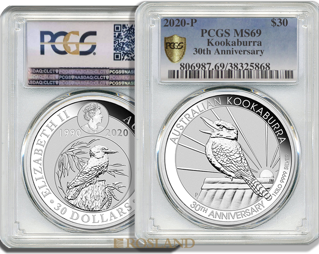 1 Kilogramm Silbermünze Kookaburra 2020 - 30 Jahre Jubiläum PCGS MS-69 (Shield)