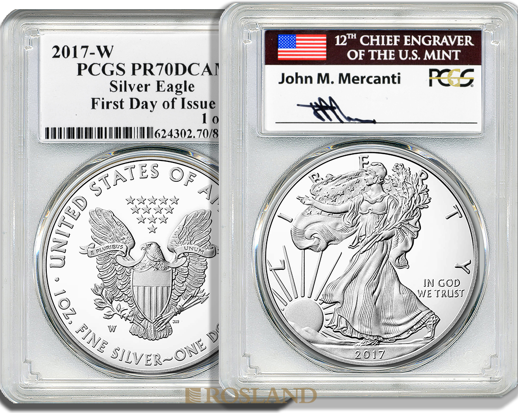 1 Unze Silbermünze American Eagle 2017 (W) John Mercanti PP PCGS PR-70 (FD, DCAM)