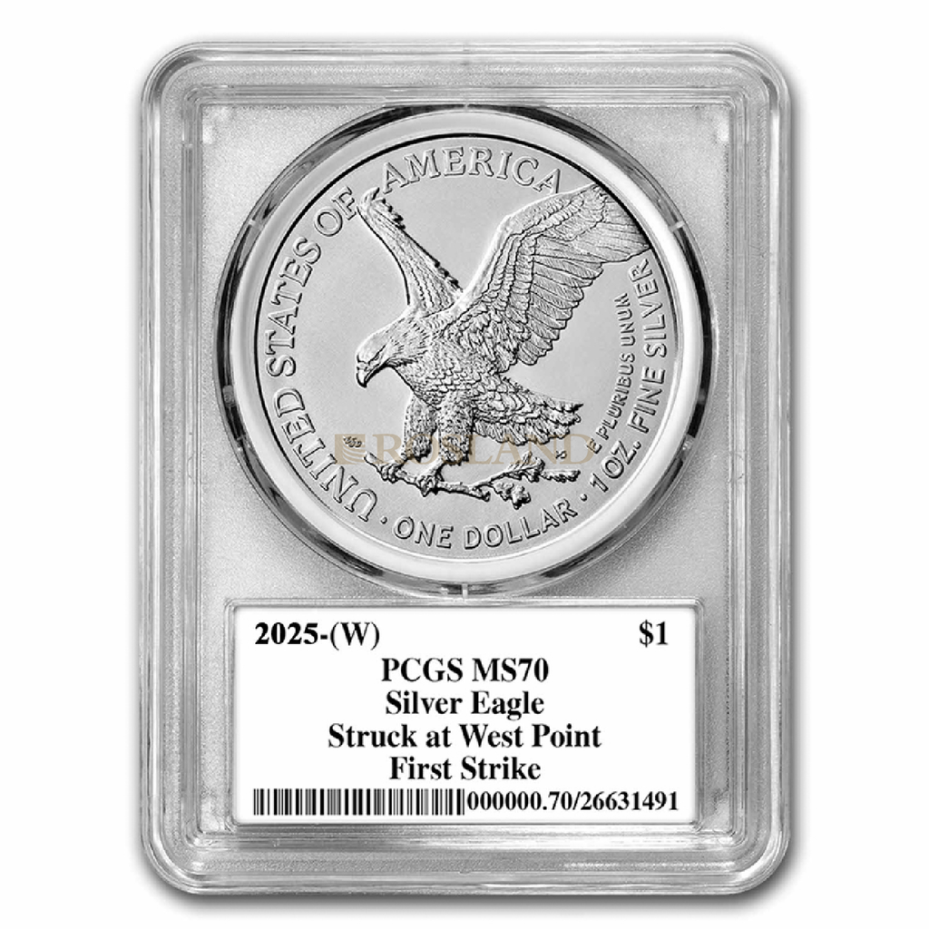 1 Unze Silbermünze American Eagle 2025 PCGS MS-70 (West Point, First Strike, Black Label)