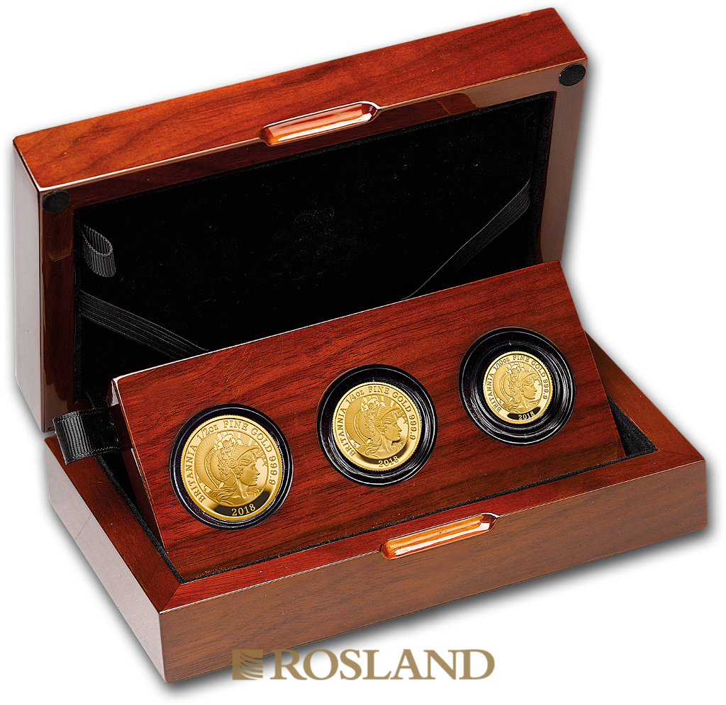 0,85 Unzen - 3 Goldmünzen Britannia Set 2018 PP (Box, Zertifikat)