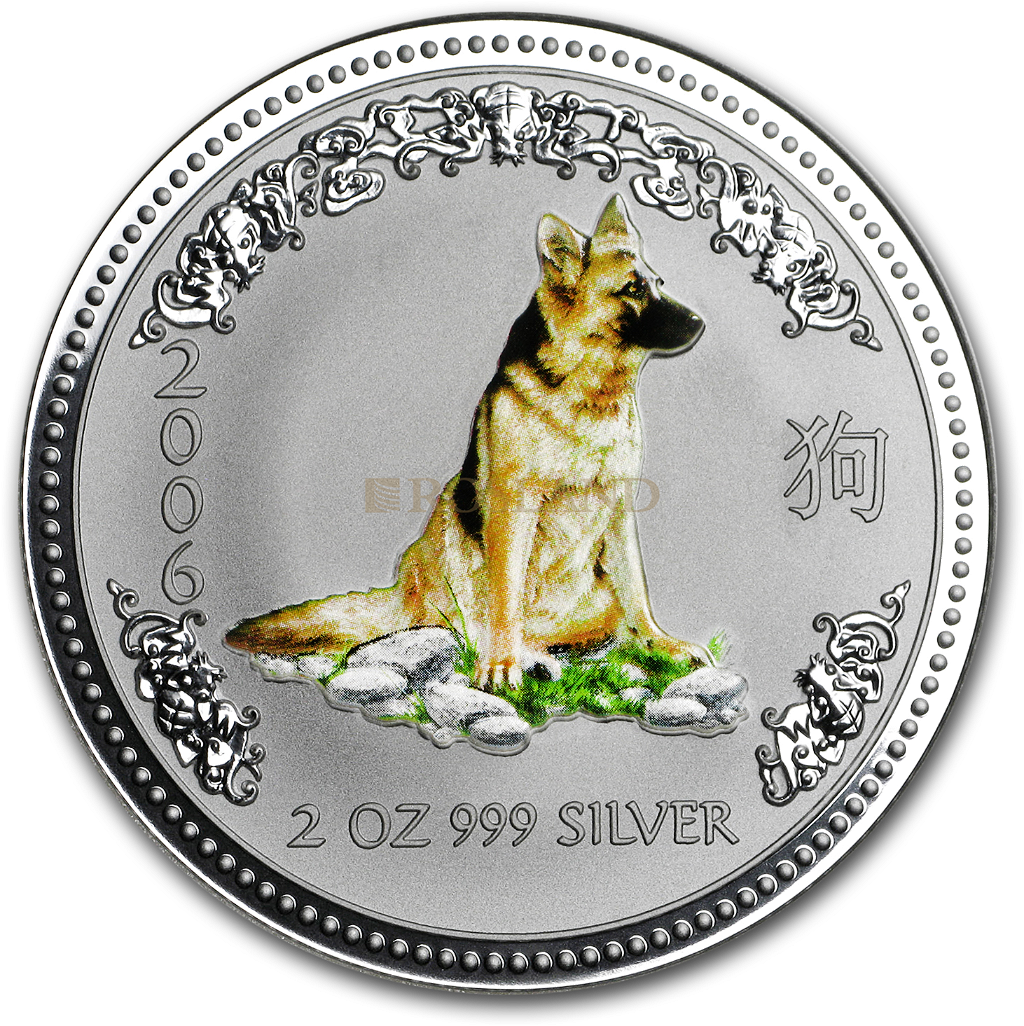 2 Unzen Silbermünze Lunar 1 Hund 2006 (Koloriert)