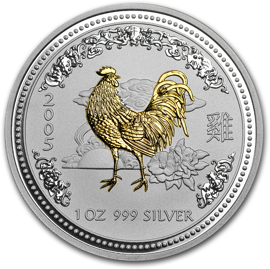1 Unze Silbermünze Lunar 1 Hahn 2005 (Vergoldet)