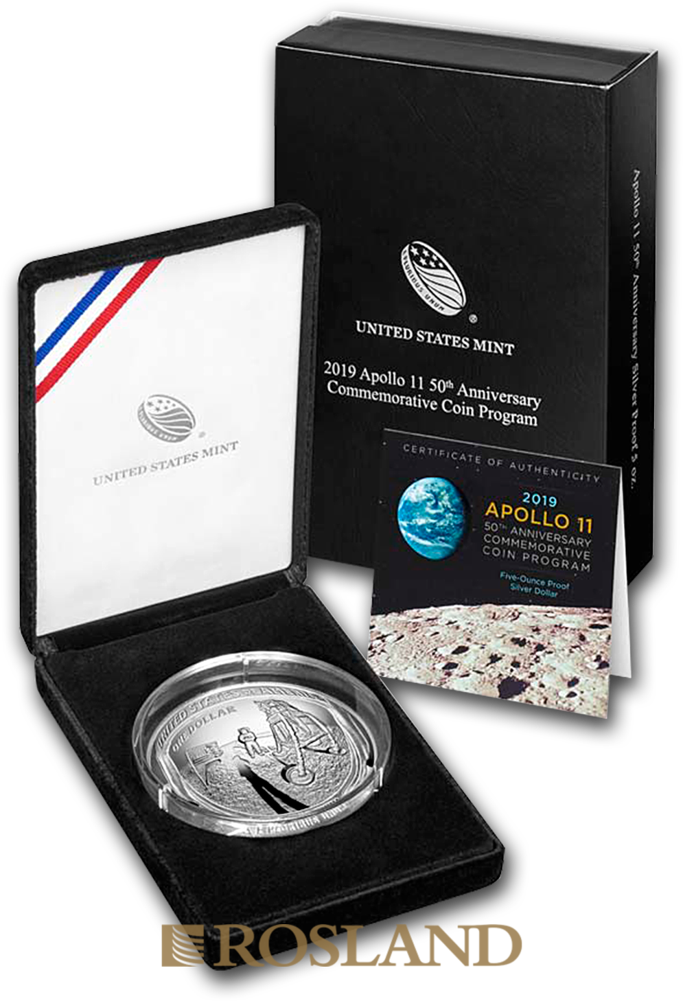 5 Unzen Silbermünze US Mint Apollo 11 - 50 Jahre Mondlandung 2019 PP (Box, Zertifikat)